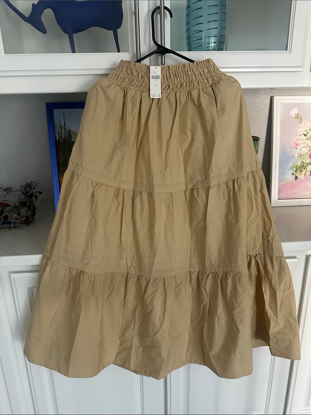 Anthropologie Womens Tiered Elastic-Waist Midi Skirt - Beige